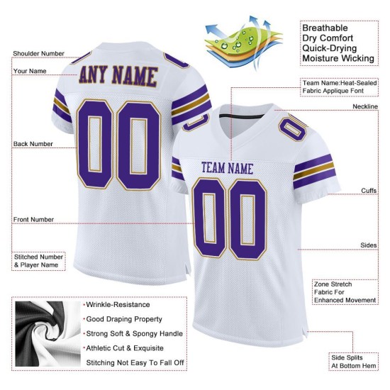 Custom White Purple-Old Gold Mesh Authentic Football Jersey Custom White Purple-Old Gold Mesh Authentic Football Jersey