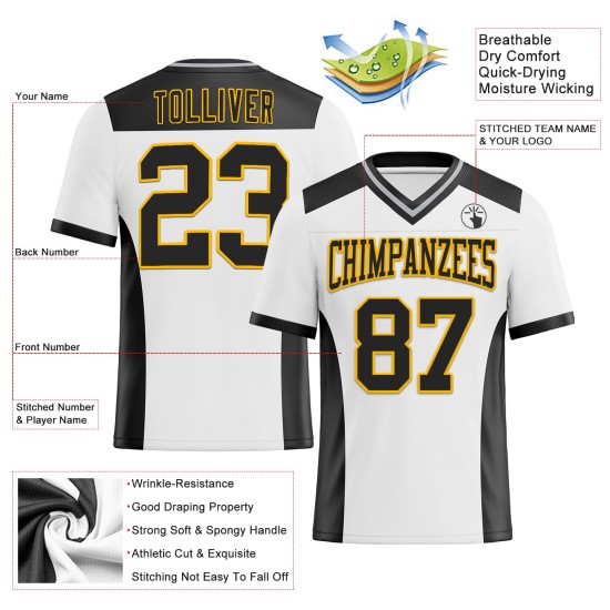 Custom White Black-Gold Mesh Authentic Football Jersey Custom White Black-Gold Mesh Authentic Football Jersey