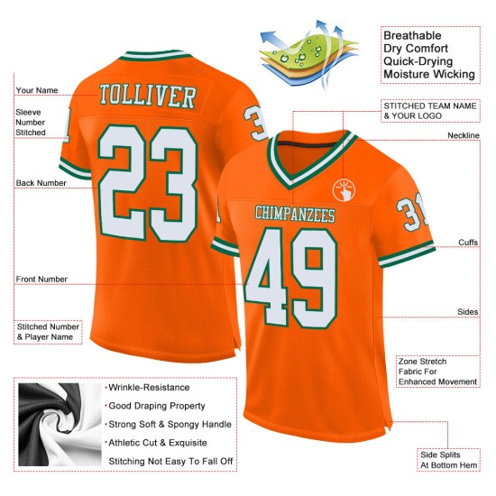 Custom Orange White-Kelly Green Mesh Authentic Throwback Football Jersey Custom Orange White-Kelly Green Mesh Authentic Throwback Football Jersey
